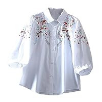 Women's Three-Quarter Sleeve Shirt Retro Plaid Shirt Lightweight Embroidered Top
