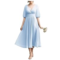 Chiffon Mother of The Bride Dress for Women Tea Length Half Sleeve Prom Formal Dress with Pocket MM02