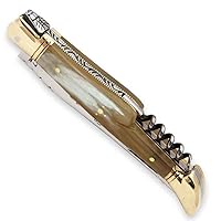 Laguiole pocket knife with Blonde Horn handle and brass bolsters, corkscrew - Direct from France