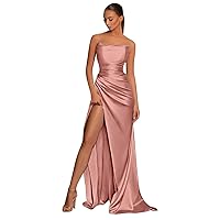 Dusty Rose Bridesmaid Dresses for Wedding Mermaid Strapless Satin Tight Ruched Backless Prom Gowns with Slit Size 14