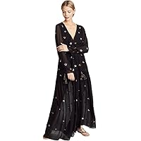 Embroidered Loose Maxi Dress Women Deep V Neck Long Sleeve Single-Breasted Vestido Holiday Beach Casual Dresses