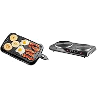 OVENTE Electric Griddle with 16 x 10 Inch Flat Non-Stick Cooking Surface, Adjustable Thermostat & Electric Countertop Double Burner, 1700W Cooktop with 7.25 and 6.10 Inch Cast Iron Hot Plates