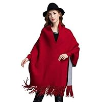 Loose Tassel Knitted Cashmere Batwing Sleeve Long Thick Poncho Capes Duplex Shawl Cardigan Knitwear Women top (Wine)