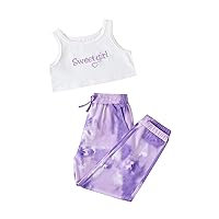 ACSUSS Kids Girls 2 Pieces Outfits Sport Suit Round Neck Sweet Girl Print Camisole + Tie Dye Bow Decor Pants