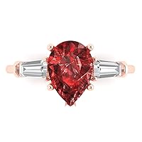 Clara Pucci 2.5 carat Pear Baguette cut 3 stone Solitaire Natural Red Garnet Proposal Wedding Anniversary Bridal Ring 18K Rose Gold