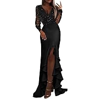 Sequin Dress Formal Dresses Long Sleeve Deep V Neck Bodycon Elegant Club Midi Dresses