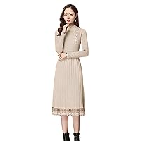 Thicken Half Turtleneck Knitted Dress Slim Lace Sweater Dresses Winter Warm Knitwear Midi Vestido