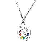 Trendy Enamel Artist Paint Palette and Brush with Thin Pendant Necklace Gifts Jewelry for Women & Girls