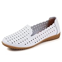 PrettyMShop Summer Women Fashion Casual Shoes Leather Slip-on Flats Loafers Ladies Designer Sneakers Hollow Out Breathable Women's Moccasins Size 6 White
