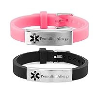 2 Pack Adjustable Silicone Medical Alert Penicillin Allergy Bracelets Emergency ID Wristband for Kids Women Men Personalized Medic Food Allergies Awareness Bangle for Son Daughter Family,with Aid Bag