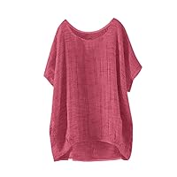 Women's Summer Loose Fit Linen Gauze Tops Dolman Sleeve Casual Cotton 2024 Shirts Loose Fitting Scoop Neck Mid Sleeve