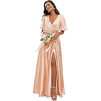 Plunging V-Neck Satin Short Sleeves Bridesmaid Dress for Women A-line Formal Party Dress with Sleeves Peach US22W