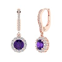 3.45ct Round Cut Halo Solitaire Natural Amethyst Unisex Designer Lever back Drop Dangle Earrings Solid 14k rose Gold