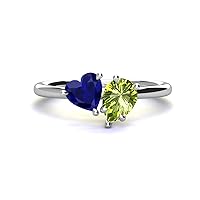 Heart Shape Lab Created Blue Sapphire & Pear Shape Peridot 2.40 ctw Four Prong Womens 2 Stone Duo Engagement Ring 14K Gold