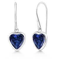 Gem Stone King 925 Sterling Silver Blue Created Sapphire French Wire Dangle Hook Earrings For Women (1.92 Cttw, Gemstone September Birthstone, Heart Shape 6MM)