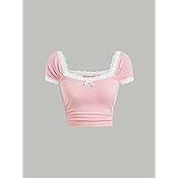 Women's T-Shirt Contrast Lace Bow Front Tee (Color : Baby Pink, Size : Small)