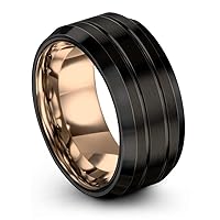 Tungsten Wedding Band Ring 8mm for Men Women Bevel Edge Black 18K Rose Gold Double Line Brushed Polished
