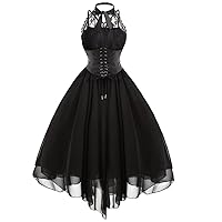 IWEMEK Women Steampunk Gothic Dress with Corset Floral Lace Cocktail Swing Dress Handkerchief Halloween Steam Punk Dress