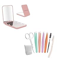 Compact Mirror with LED Light,1x/3x Magnifying Mirror, Lighted Travel Mirror for Purse+Eyebrow Tweezer Set Professional Stainless Steel Tweezers for Women & Men