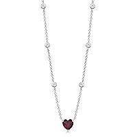 Gem Stone King 925 Sterling Silver Red Rhodolite Garnet and White Moissanite Long By The Yard Chain Necklace For Women (1.80 Cttw, Heart Shape 7MM, 17 Inch with 2 Inch Extender)