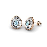 Pear Cut Aquamarine Baguette Natural Diamond 1 1/8 ctw Women Milgrain Halo Stud Earrings 14K Gold