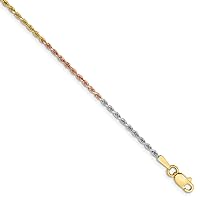 10 inch 14k Yellow, White and Rose Gold 1.5mm Shiny-Cut Rope Chain Anklet