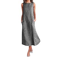 Casual Neck Dress Dress Striped Long Print Pocket Women Sleeveless Women's Dress T Length Dress