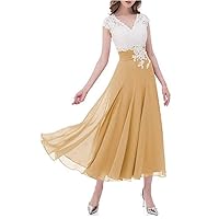 V Neck Lace Top Cap Sleeve Chiffon Wedding Bridesmaid Dress Mother of The Bride Dresses