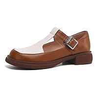 Women's Two Tone Mary Jane Flats Vintage T-Strap Round Toe Leather Low Heel Girls Dress Oxford Shoes