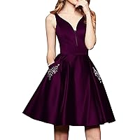 Women's Beads V Neck Satin with Pocket Homecoming Dress Sleeveless Backless Cocktail Dress Grape Purple