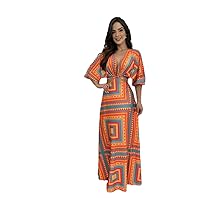 Rainbow Stripe Printed Cut Out Maxi Dress Women Bandage V-Neck Sleeve s Lady Beach High Streetwear L Orange