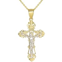 Solid 14K Two-Tone Gold Roman Catholic Cross Charm with Jesus INRI Crucifix Pendant Necklace