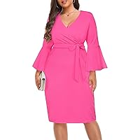 Pinup Fashion Women's Plus Size Wrap V Neck Bell Sleeve Belted Work Wedding Guest Bodycon Pencil Dress