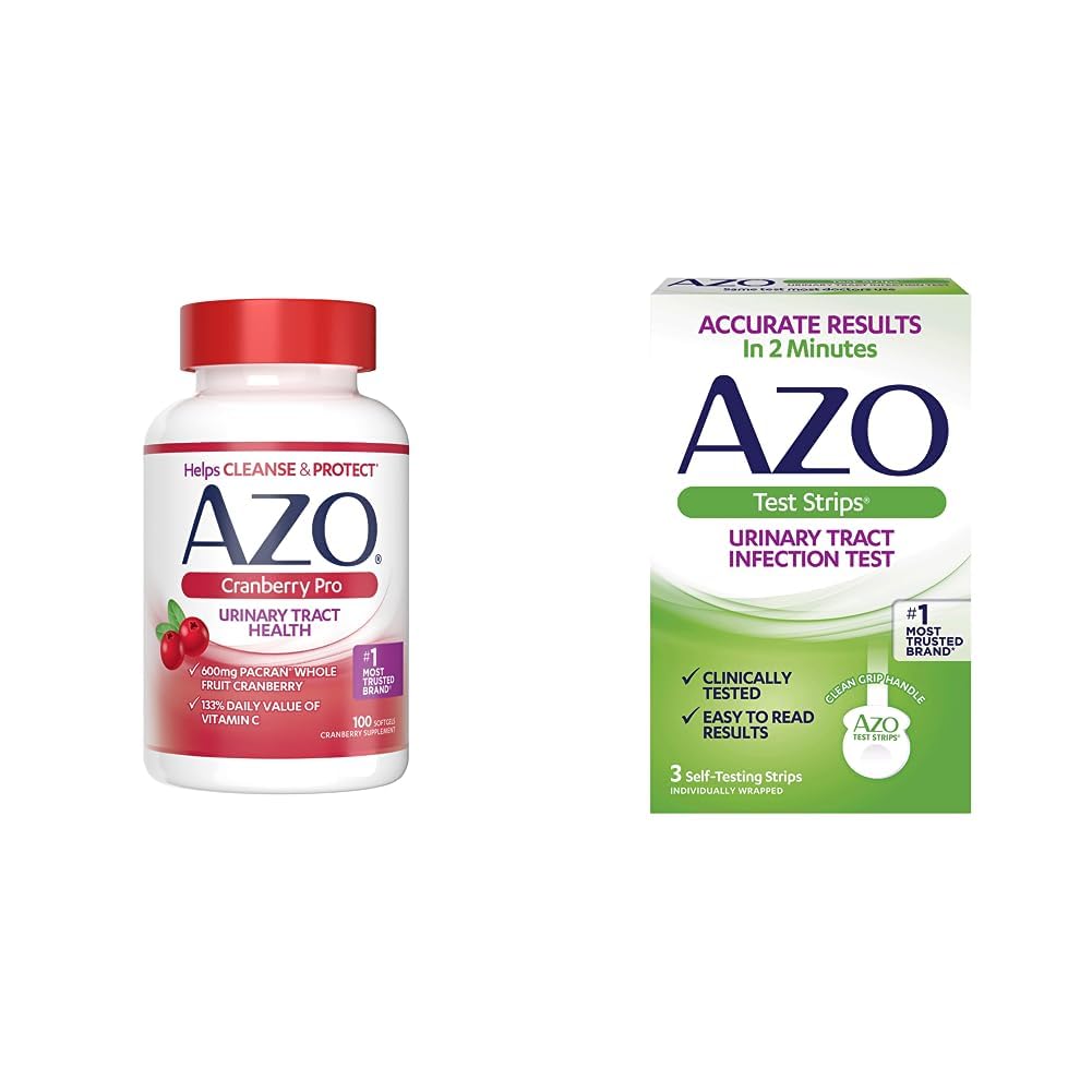 AZO Cranberry Pro Urinary Tract Health Supplement 600mg PACRAN, 1 Serving = More Than 1 Glass of Cranberry Juice 100 CT + Urinary Tract Infection (UTI) Test Strips, Accurate Results in 2 Minutes, 3 CT