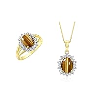 Rylos Women's 14K Yellow Gold Princess Diana Ring & Pendant Necklace Set. Gemstone & Diamonds, 9X7MM Birthstone. 2 PC Perfectly Matched Gold Jewelry, Sizes 5-11