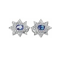 Cushion & Round Cut Blue Sapphire & Cubic Zirconia Halo Star Stud Earrings For Womens & Girls 14k White Gold Plated 925 Sterling Silver.