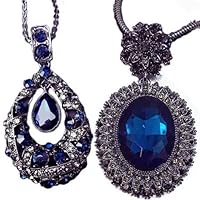 Autumn Winter Women's Long Necklace Full of Stars Rhinestones Inlaid withThe Heart of The Sea Sapphire Pendant (grey)