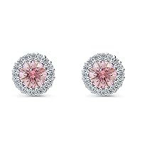 Created Round Cut Pink & White Diamond 925 Sterling Silver 14K White Gold Over Diamond Halo Wedding Stud Earring for Women's & Girl's