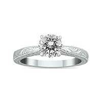 AGS Certified 1 Carat Diamond Solitaire Engraved Ring in 14K White Gold (J-K Color, I2-I3 Clarity)