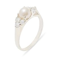 925 Sterling Silver Cultured Pearl & Opal Womens Cluster Anniversary Ring