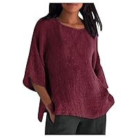 Ceboyel Cotton Linen Tops for Women 3/4 Sleeve Crewneck Tunic Blouses Dressy Causal Gauze Shirts Ladies Summer Clothing 2023