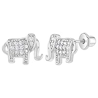Rhodium Plated Clear Elephant Prosperity Screw Back Earrings 10mm