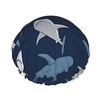 Blue Cartoon Shark Print Soft Shower Cap for Women, Reusable Environmental Protection Hair Bath Caps