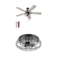 Prominence Home Industrial Farmhouse Bundle 52-in Marshall Indoor Ceiling Fan + Caged Flush Mount Hallway Light, Matte Black