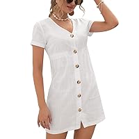 Summer Women's V Neck Casual Short Dress Elastic Waist Button Short Sleeves Mini Dress