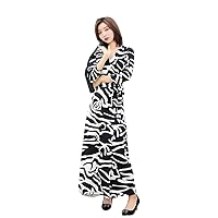 Women Wrap Long Dress Print V Neck Slim Belted-Up Maxi Dresses Elegant Party Robe Beach