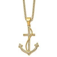 31mm Chisel Stainless Steel Polished Yellow Ip Plated With Crystal Nautical Ship Mariner Anchor Pendant a Curb Chain Necklace 24 Inch Jewelry for Women