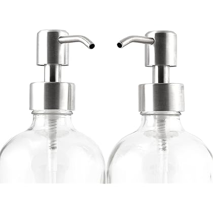 Cornucopia 16-Ounce Clear Glass Boston Round Bottles w/Stainless Steel Pumps (2 Pack), Soap Dispenser Great for Essential Oils, Lotions, Liquid Soaps