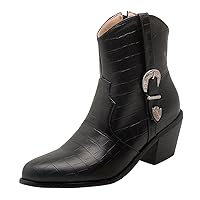 Western Ankle Boots For Women Pointed Toe Zipper Stacked Heel Buckle Fashion Cute Casual Short Booties