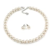 10mm Light Cream Glass Bead Choker Necklace & Stud Earrings Set - 37cm L/ 5cm Ext